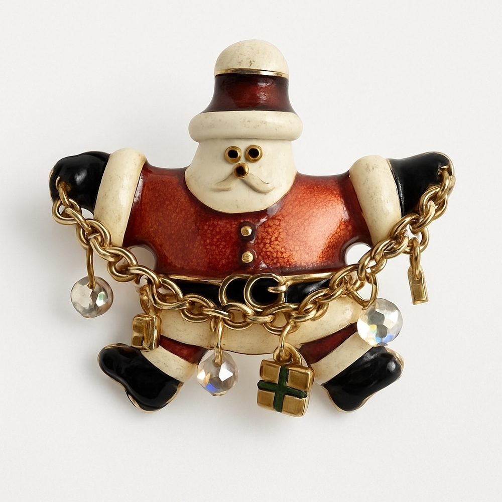 ✨ Vintage Enamel Fat Cat Santa Brooch w/ Dangle Charms – 1990s Holiday Collectib